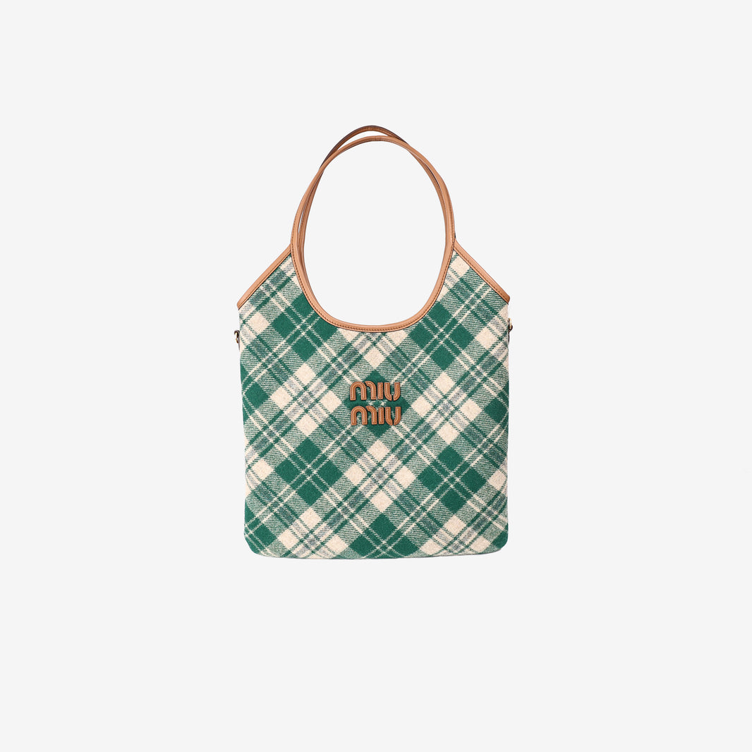 Miu Miu Ivy Tartan Tote in Green Canvas with Leather Trim