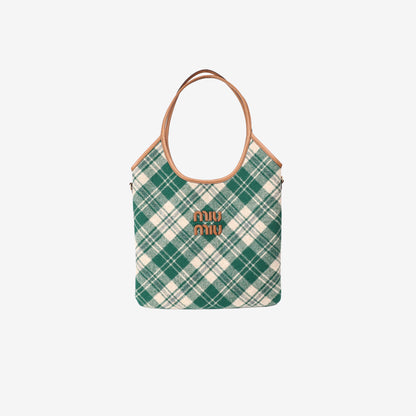 Miu Miu Ivy Tartan Tote in Green Canvas with Leather Trim