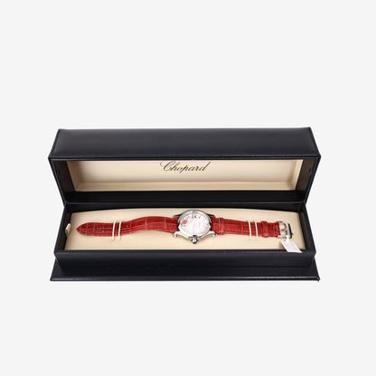Chopard Happy Sport 36mm Watch in Stainless Steel with Red Alligator Leather Strap and Floating Diamonds