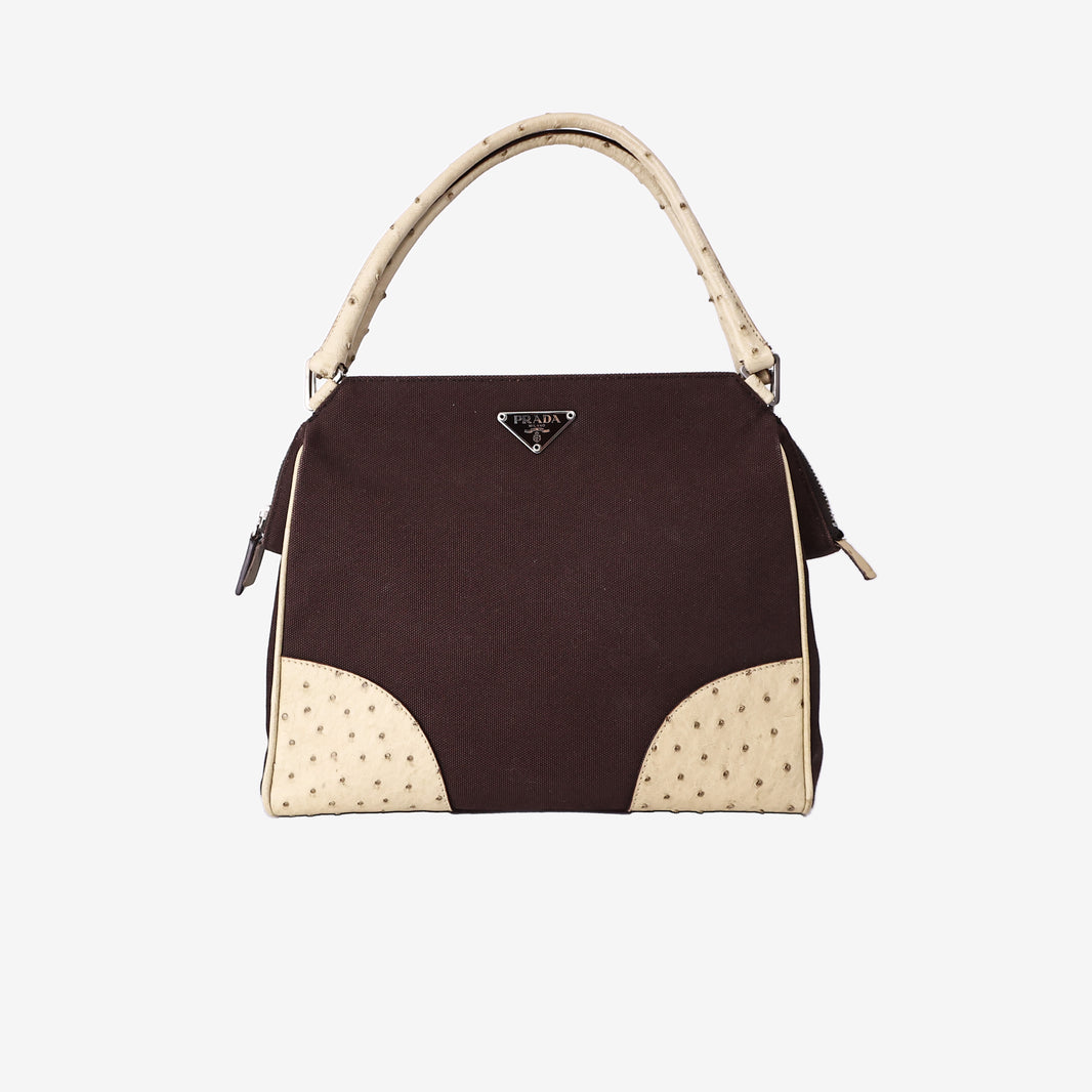 Prada Triangle Ostrich Shoulder Bag in Brown Canvas and Ostrich Leather