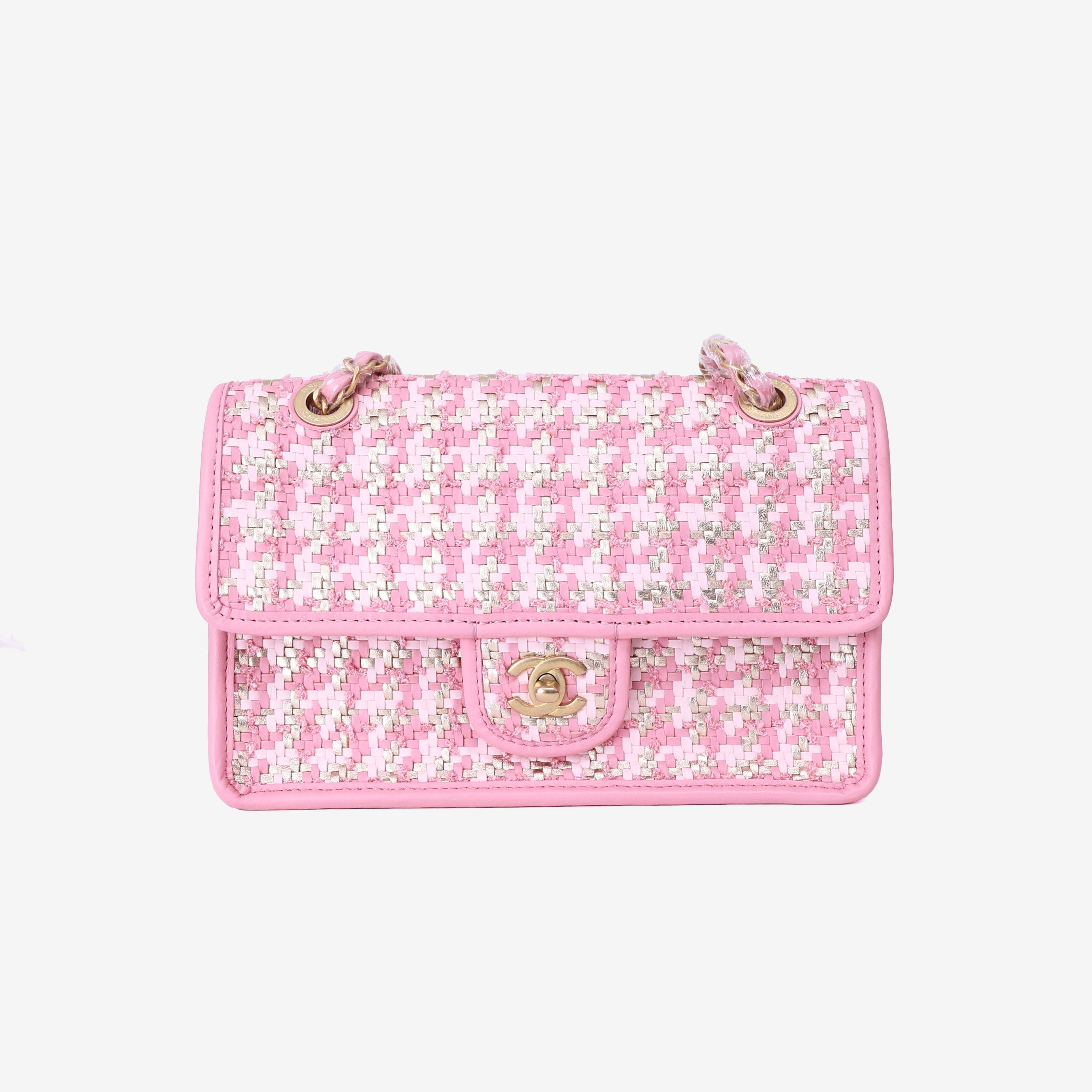 Chanel 23C Pink Woven Flap Bag in Pink Woven Leather with Gold Hardware front view
