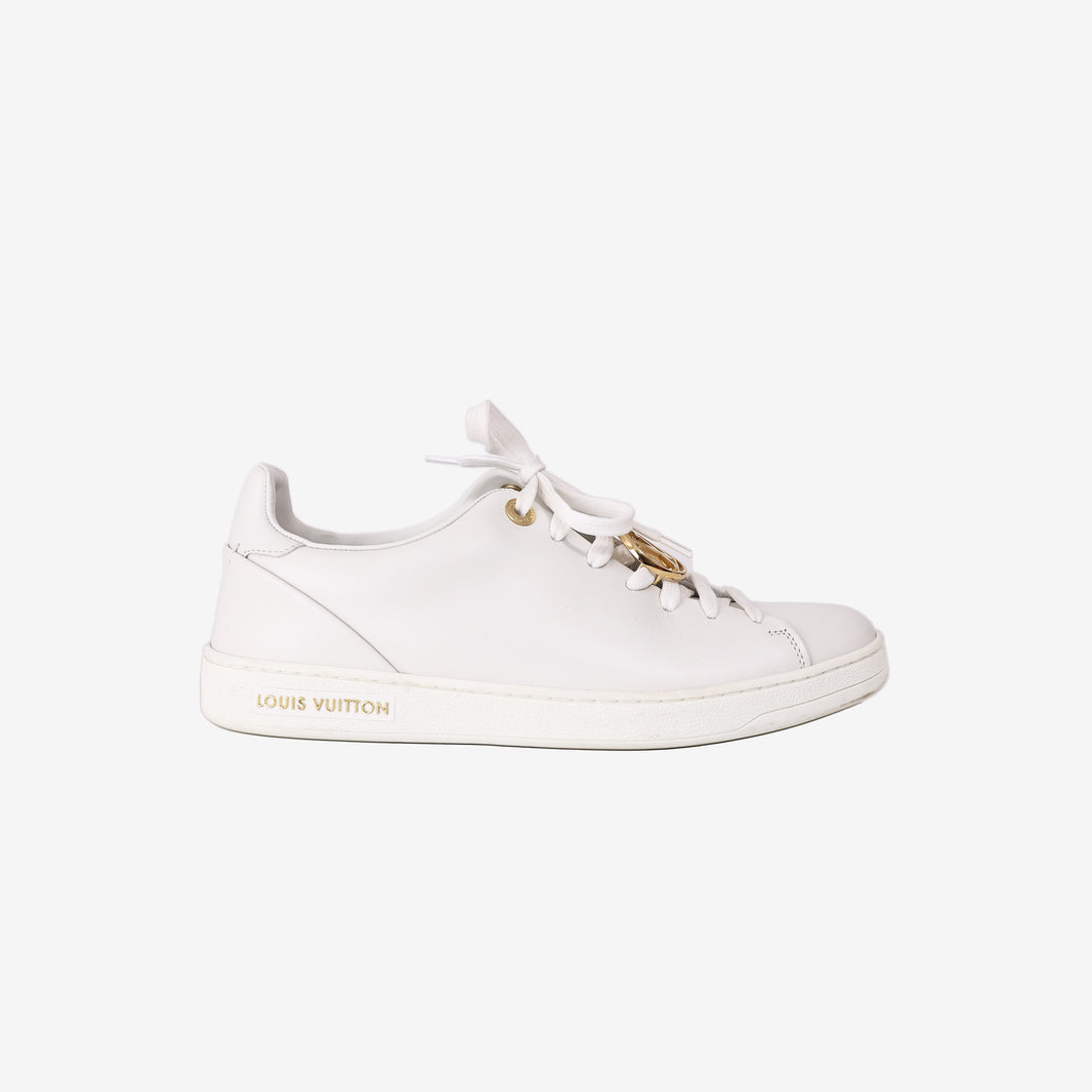 Louis Vuitton Frontrow Sneakers in White Calf Leather with Gold-Tone LV Logo Clasp (Size 38.5)