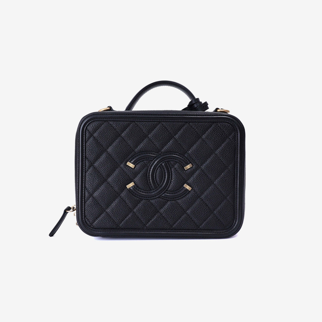 Chanel Filigree Mini Vanity Case in Noir Calfskin Leather with Gold Hardware front view