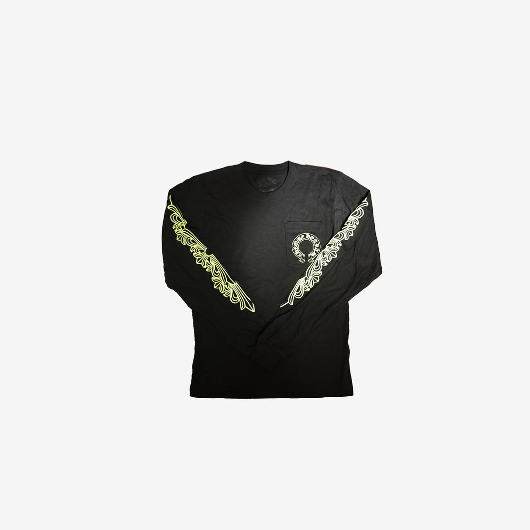 Chrome Hearts Neon Lime Green Long Sleeve Pocket T-Shirt in Black Cotton (Size S)