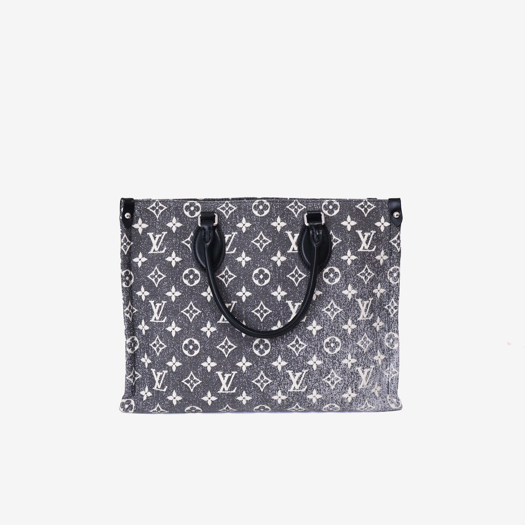 Louis Vuitton OnTheGo MM Tote Bag in Black Monogram Jacquard Denim front view