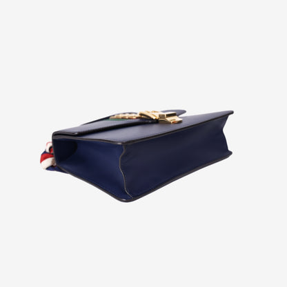 Gucci Sylvie Small Shoulder Bag in Navy Calfskin Leather with Gold Hardware