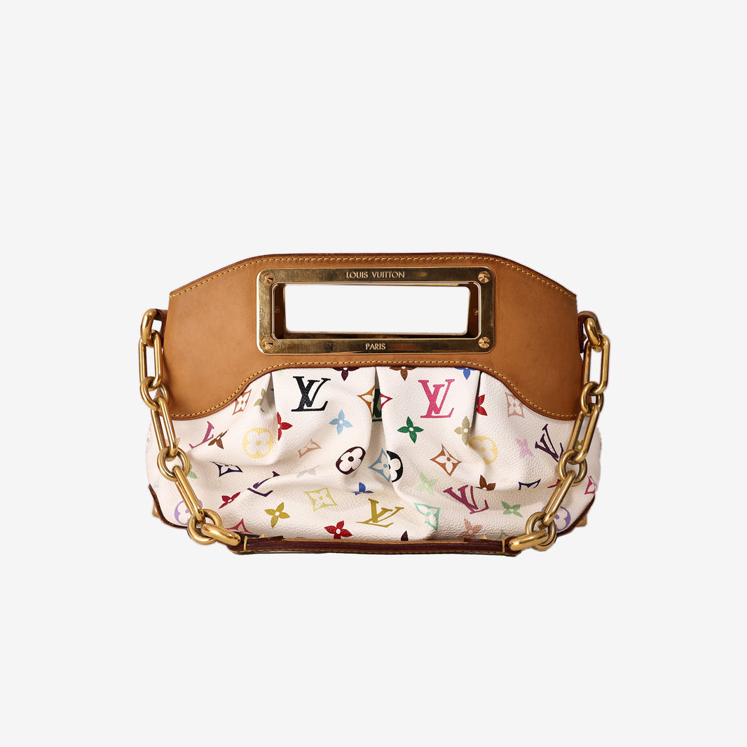 Louis Vuitton x Takashi Murakami Monogram Multicolore Judy Bag in White Coated Canvas with Vachetta Leather and Gold Hardware