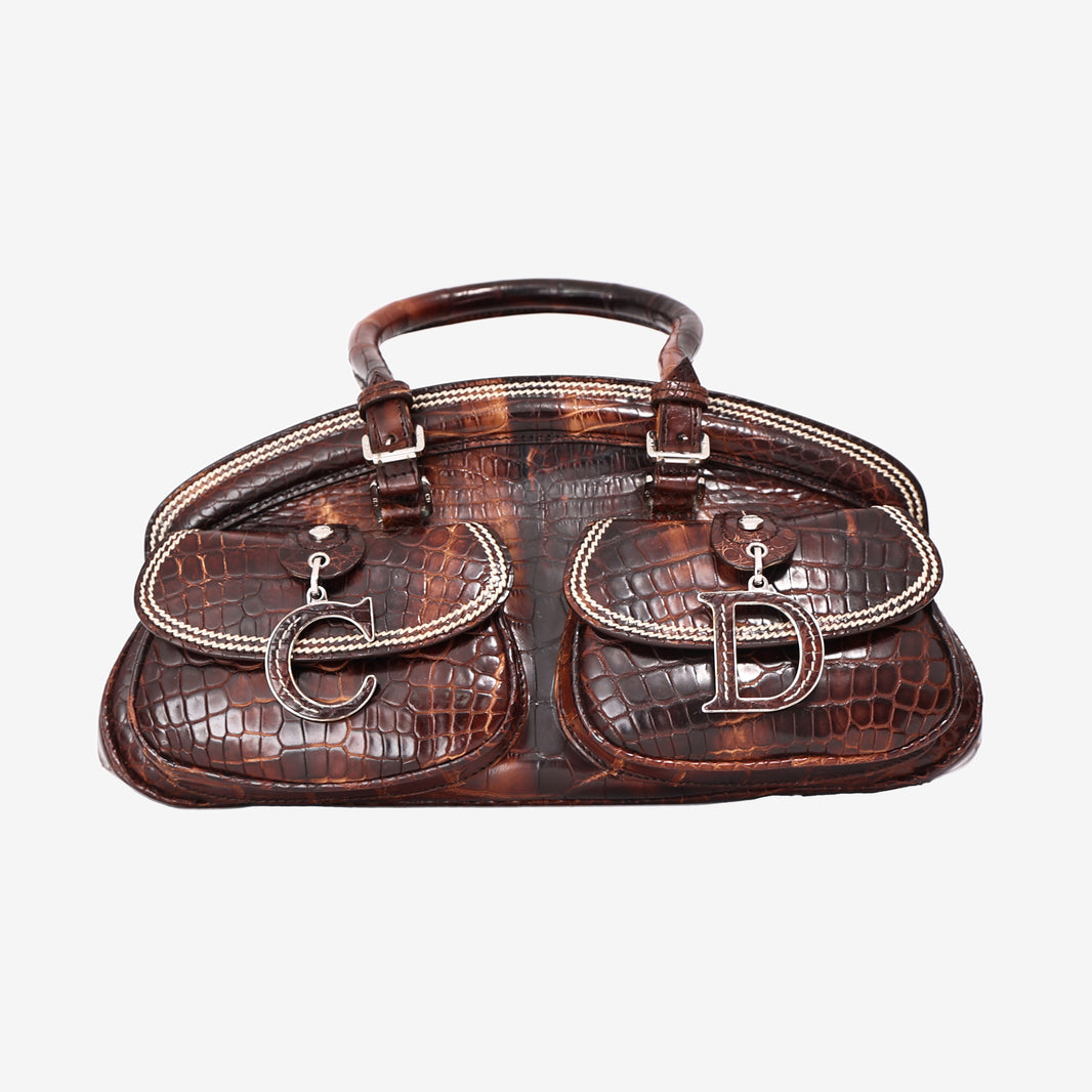 Christian Dior Detective Satchel Medium in Brown Crocodile Leather with Palladium Hardware front view