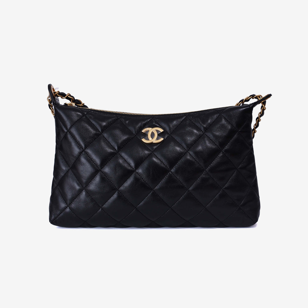 Chanel Matelassé Small Hobo Shoulder Bagin Black Lambskin Leather with Gold Hardware front view