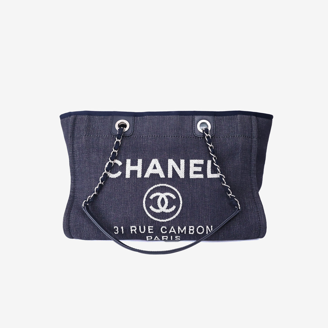 Chanel Deauville Medium Tote Bag in Dark Blue Denim Canvas with Silver Hardware