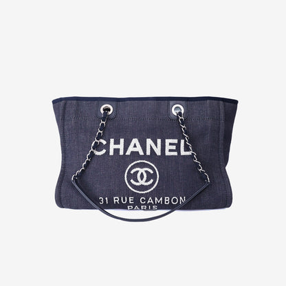Chanel Deauville Medium Tote Bag in Dark Blue Denim Canvas with Silver Hardware