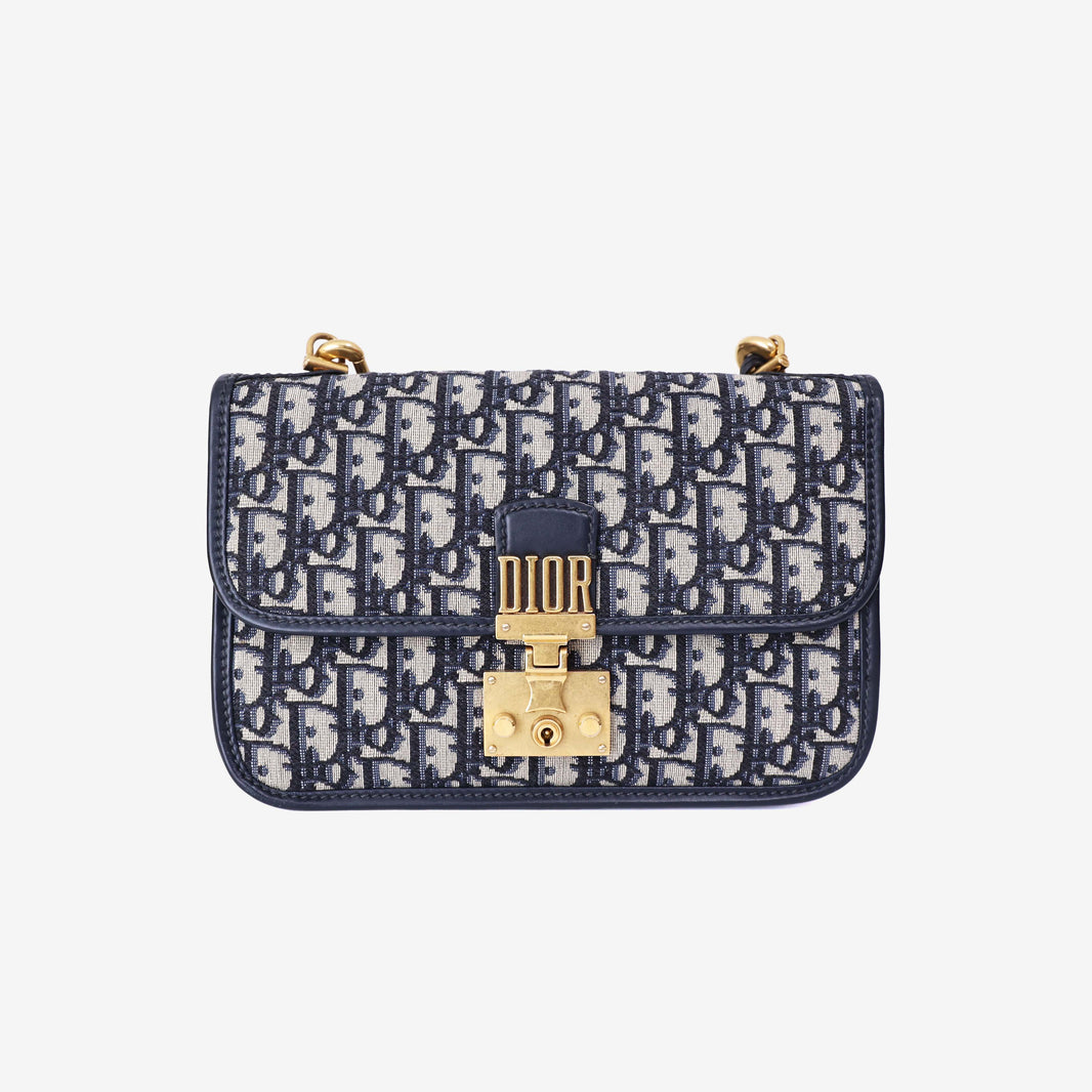 Dior Addict Flap Bag in Navy Blue Oblique Jacquard Canvas with Gold Hardware front view