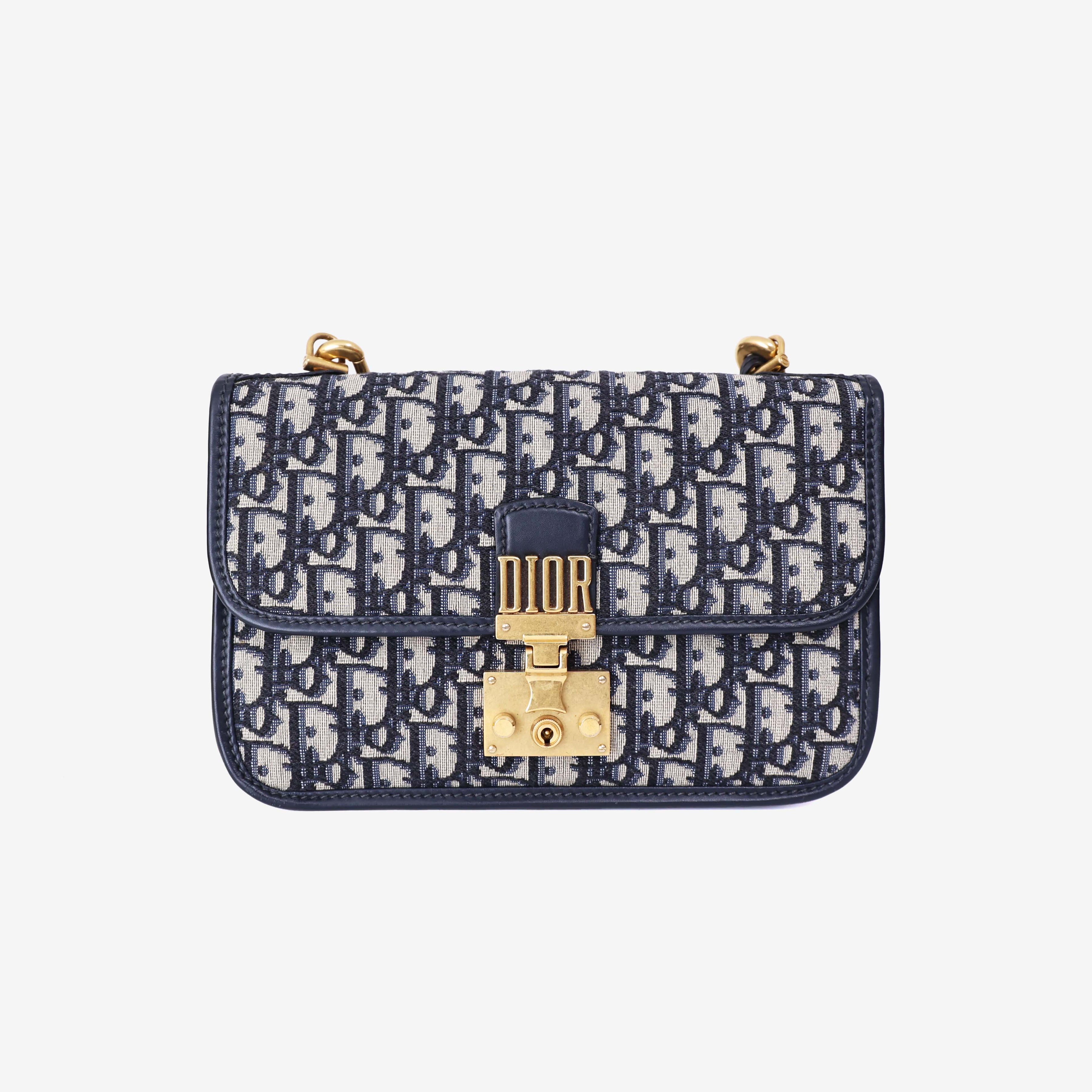 Dior Addict Flap Bag in Navy Blue Oblique Jacquard Canvas with Gold Hardware front view