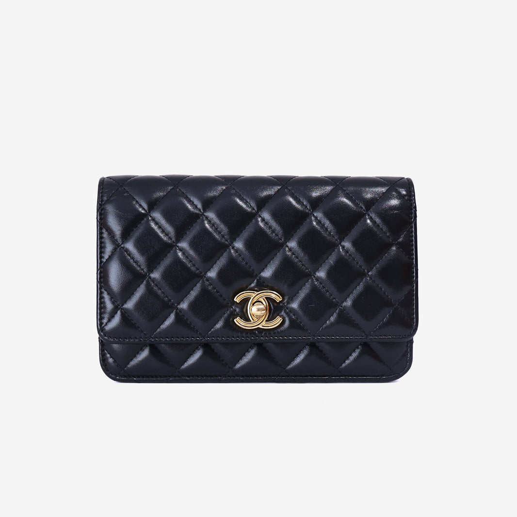 Chanel Wallet on Chain in Black Lambskin Leather with Gold Hardware front view