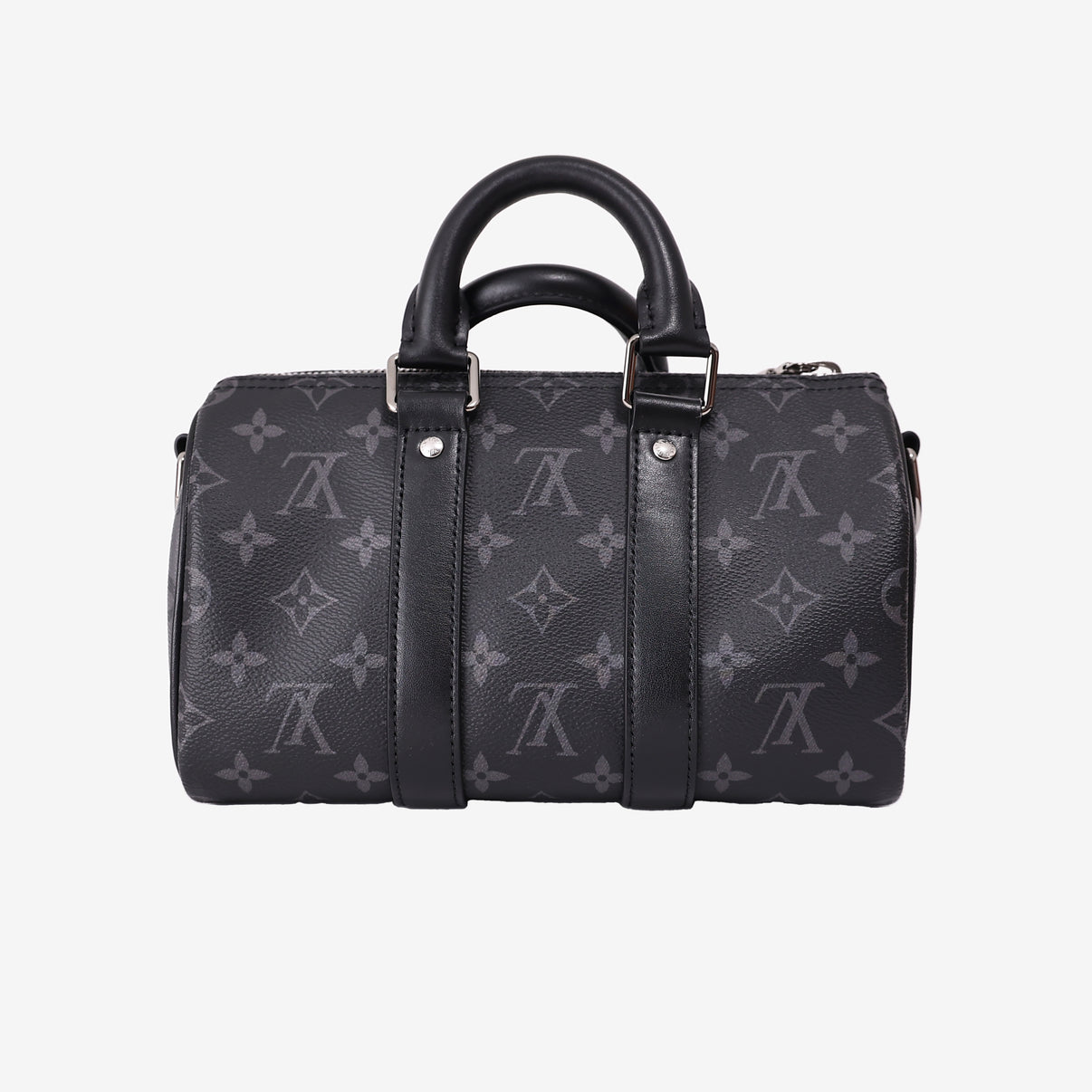 Louis Vuitton Keepall 25 in Monogram Eclipse Reverse Canvas with Black Leather Trim back view