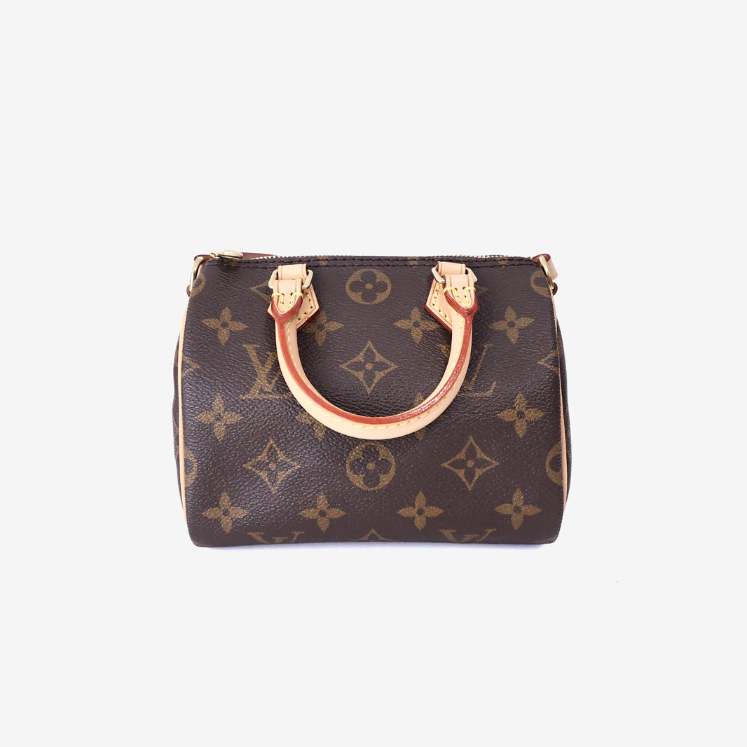 Louis Vuitton Nano Speedy in Brown Monogram Coated Canvas/Cowhide Leather with Gold Hardware