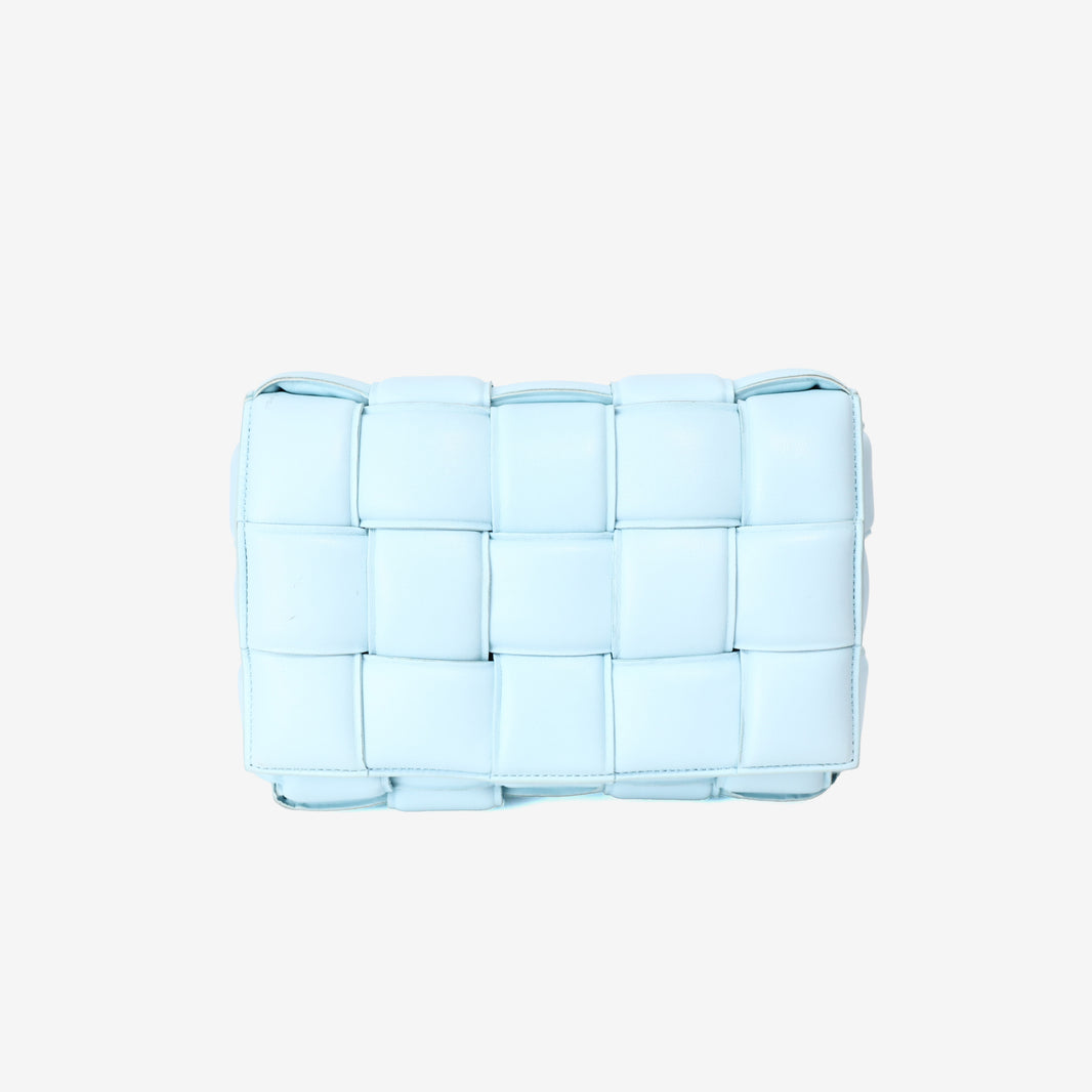 Bottega Veneta Padded Cassette Bag in Light Blue Woven Calf Leather with Gold Hardware