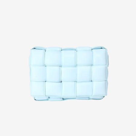 Bottega Veneta Padded Cassette Bag in Light Blue Woven Calf Leather with Gold Hardware
