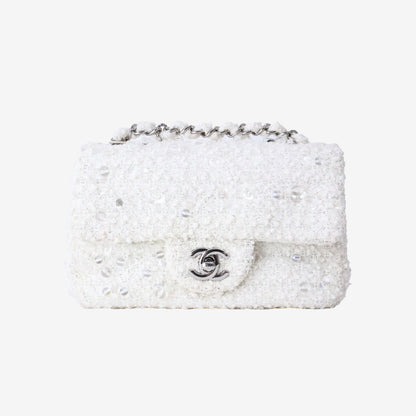 *EXCELLENT* Chanel Tweed Beaded Mini Rectangular Flap Bag in White Tweed with Palladium Hardware