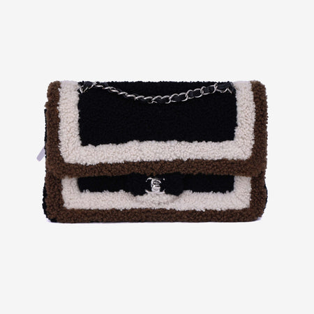 Chanel Classic Medium Double Flap Bag in Tri-Color Shearling with Silver Hardware