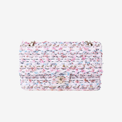 Chanel Classic Flap Bag in White/Pink Tweed Leather with Gold Hardware front view