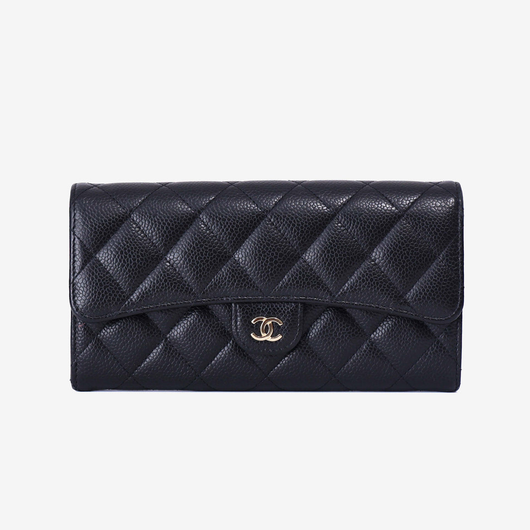 Chanel Classic Long Flap Wallet in Black Caviar Leather with Gold Hardware front view