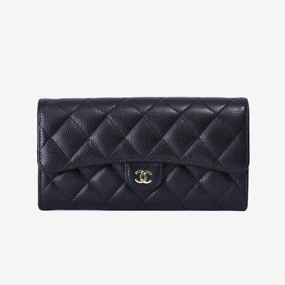 Chanel Classic Long Flap Wallet in Black Caviar Leather with Gold Hardware front view