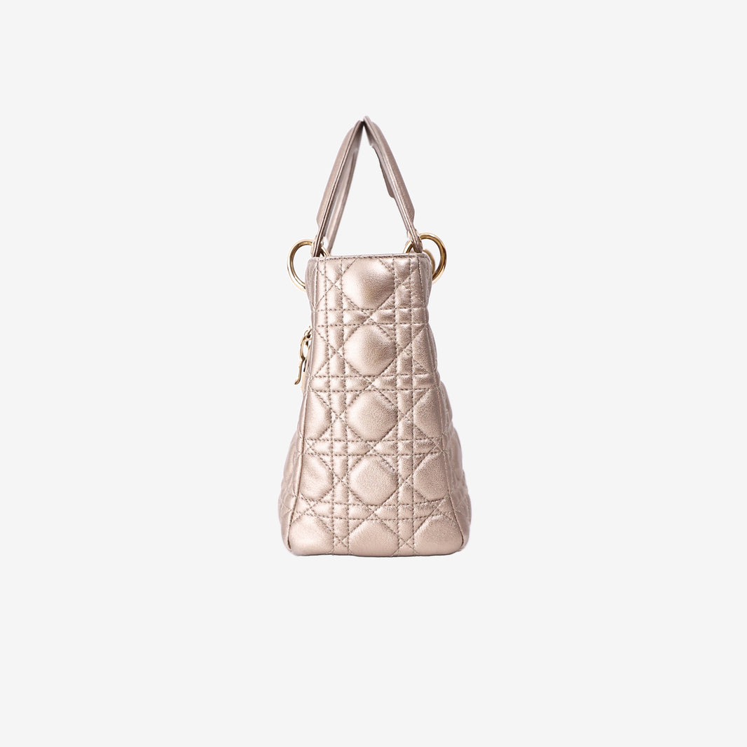 Dior Medium Lady Dior Handbag in Metallic Champagne Gold Cannage Quilted Lambskin with Gold Hardware