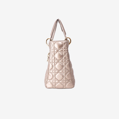 Dior Medium Lady Dior Handbag in Metallic Champagne Gold Cannage Quilted Lambskin with Gold Hardware
