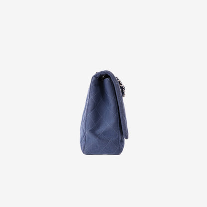 Chanel Quilted Jersey Denim Classic Flap Bag in Blue Knit Fabric with Silver Hardware