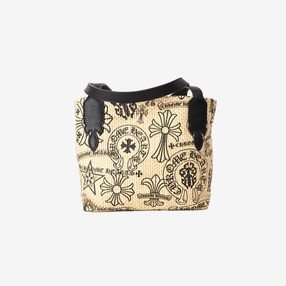Chrome Hearts Monogram-Print Beach Bag in Beige Woven Straw with Black Leather Handles