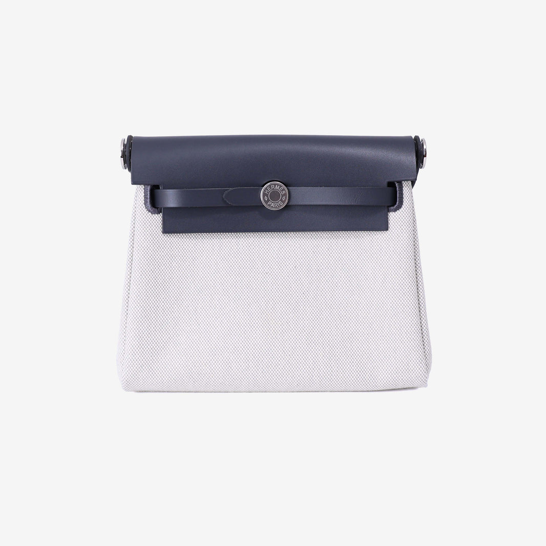 Hermès Herbag Mini in Grey Toile Canvas with Hunter Leather Trim with Palladium Hardware front view