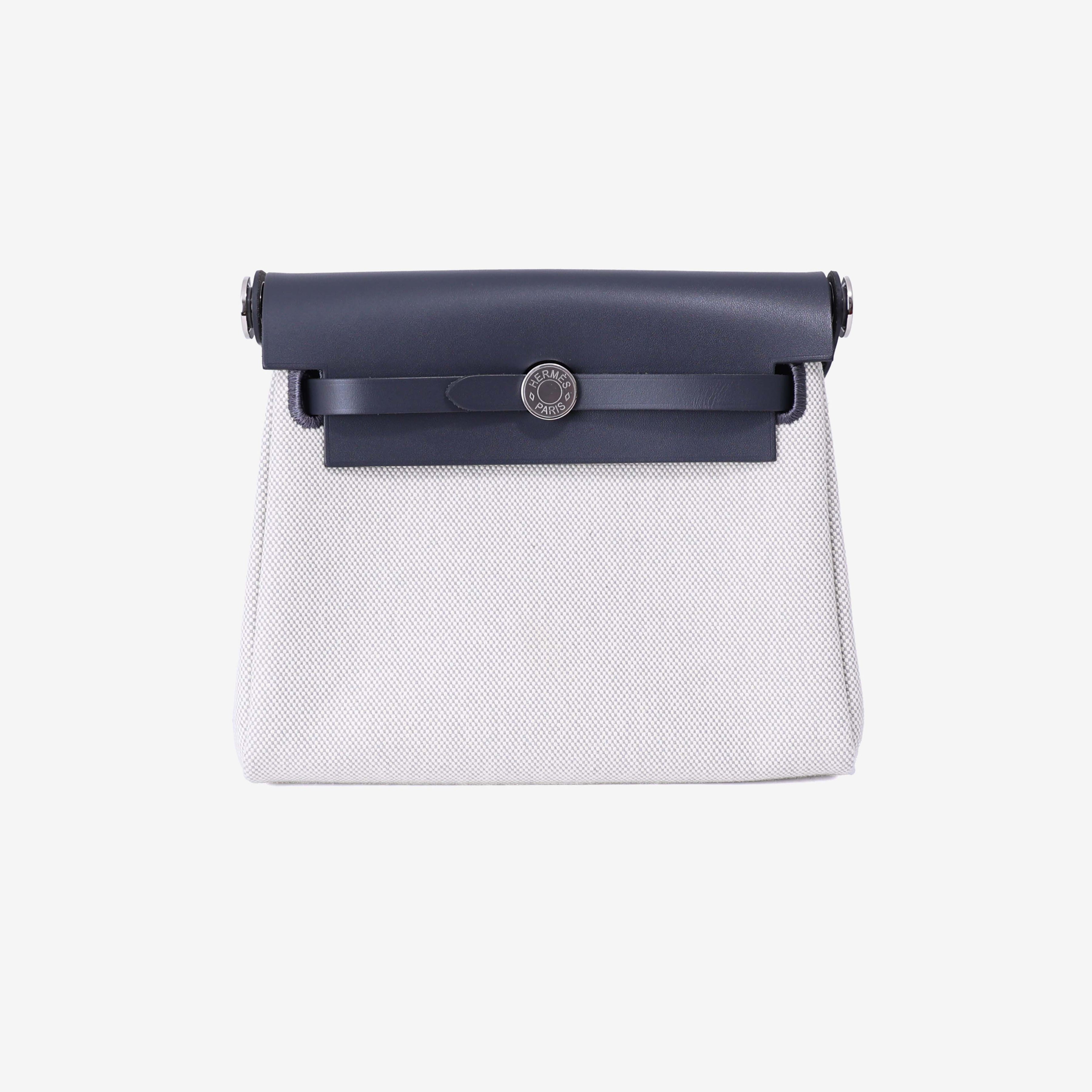 Hermès Herbag Mini in Grey Toile Canvas with Hunter Leather Trim with Palladium Hardware front view
