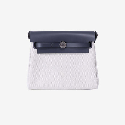 Hermès Herbag Mini in Grey Toile Canvas with Hunter Leather Trim with Palladium Hardware front view