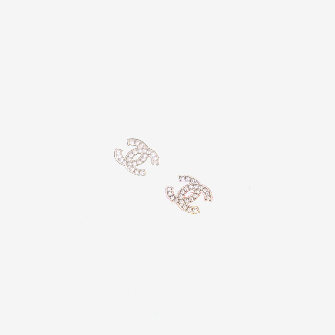 Chanel CC Logo Stud Earrings with Crystal Embellishment