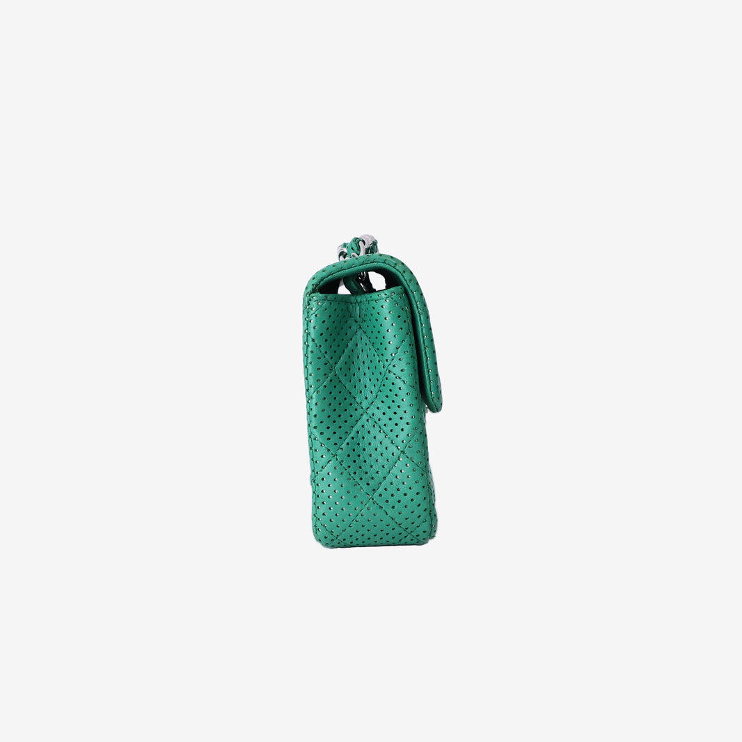 Chanel East/West Classic Flap Bag in Green Perforated Quilted Lambskin Leather with Silver Hardware