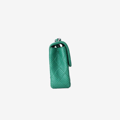 Chanel East/West Classic Flap Bag in Green Perforated Quilted Lambskin Leather with Silver Hardware