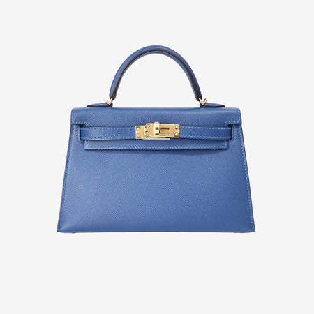 Hermès Mini Kelly II in Deep Blue Madame Leather with Gold Hardware front view