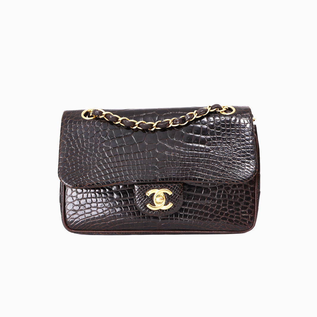 Chanel Timeless Classic Double Flap Small in Black Shiny Alligator Leather with Gold Hardware front view