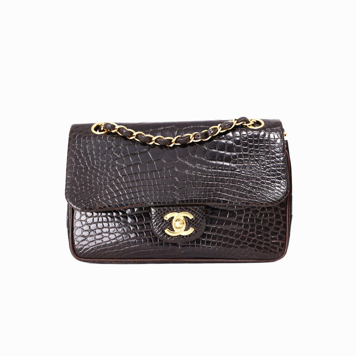 Chanel Timeless Classic Double Flap Small in Black Shiny Alligator Leather with Gold Hardware front view