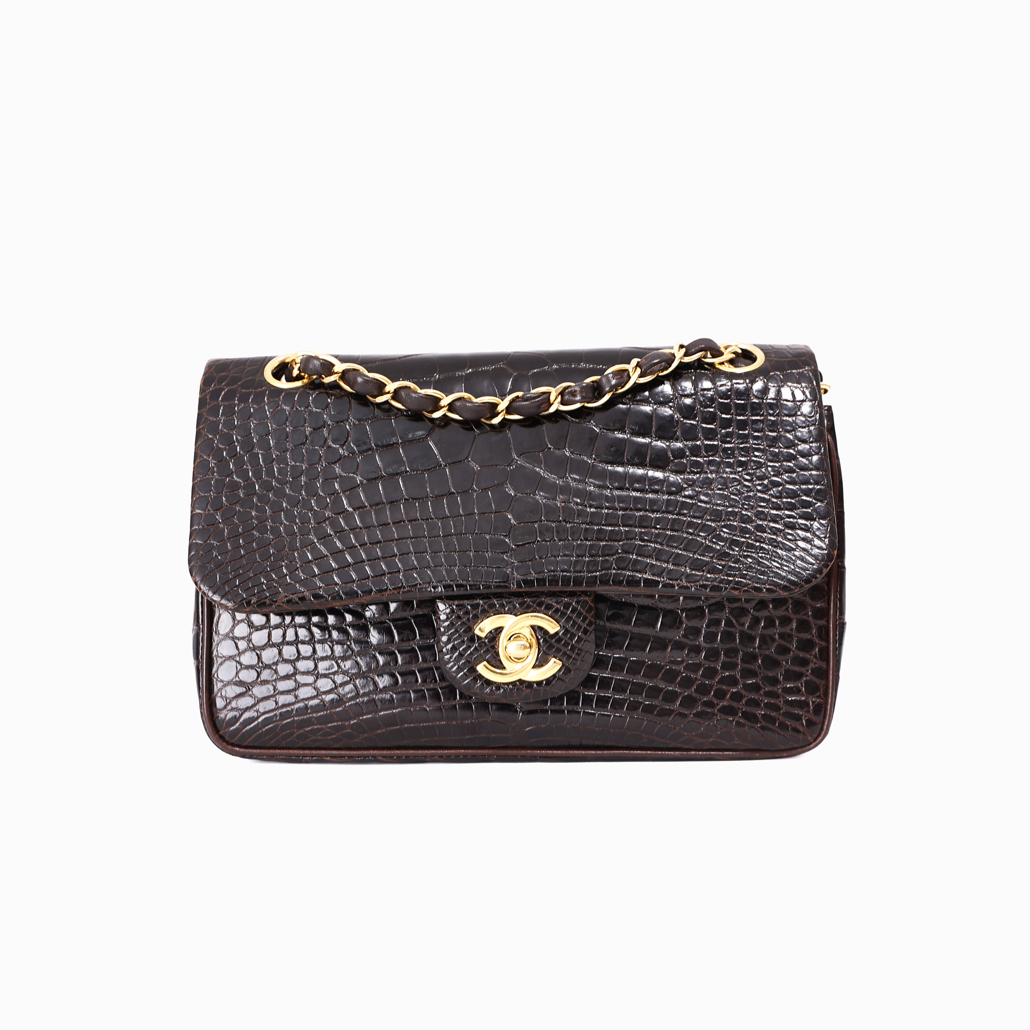 Chanel Timeless Classic Double Flap Small in Black Shiny Alligator Leather with Gold Hardware front view