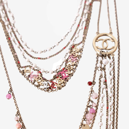 Chanel Vintage Long Multi-Strand Necklace with Pink CC Logo, Faux Pearls and Multicoloured Beads