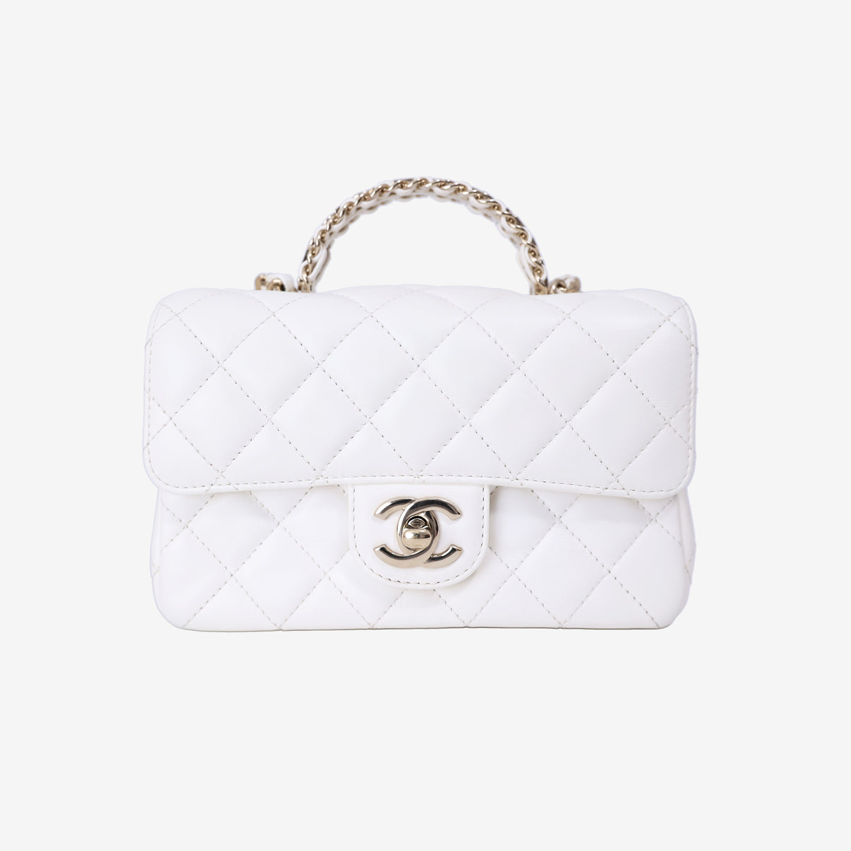 Chanel Crystals Top Handle Flap in White Lambskin Leather with Gold Hardware front view