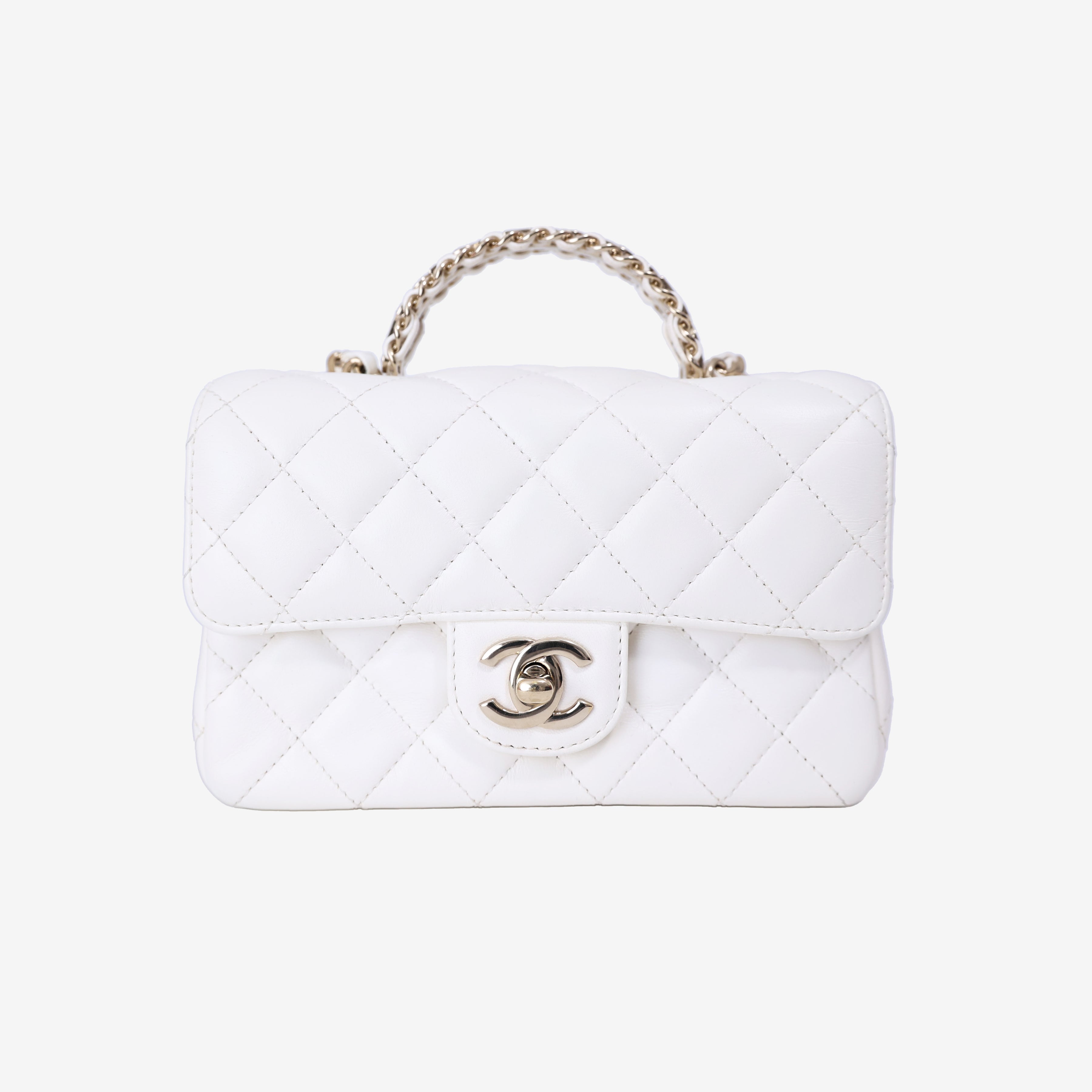 Chanel Crystals Top Handle Flap in White Lambskin Leather with Gold Hardware front view