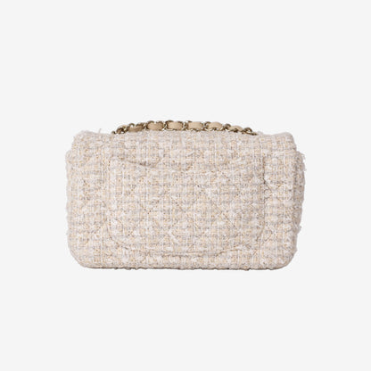 Chanel Tweed Quilted Mini Rectangular Flap in Off-White and Beige Tweed with Gold Hardware