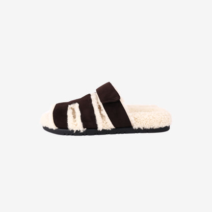 Hermès Chypre Sandals in Marron Ébène Suede Goatskin and Écru Shearling (Size 38.5)