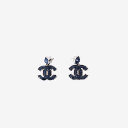 Chanel Earrings in Navy Blue Enamel with Silver Hardware