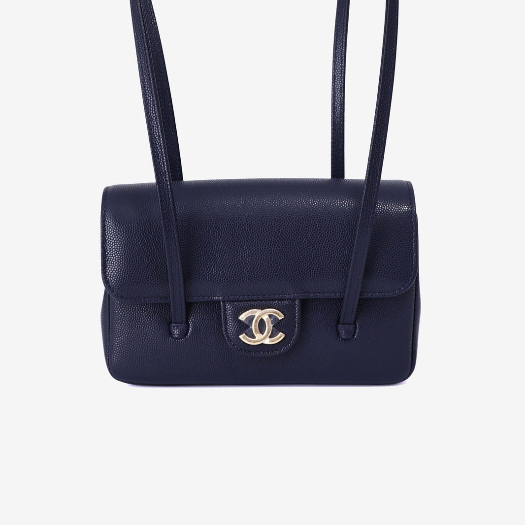 Chanel 26P Preppy Flap Mini in Navy Calfskin Leather with Gold Hardware front view