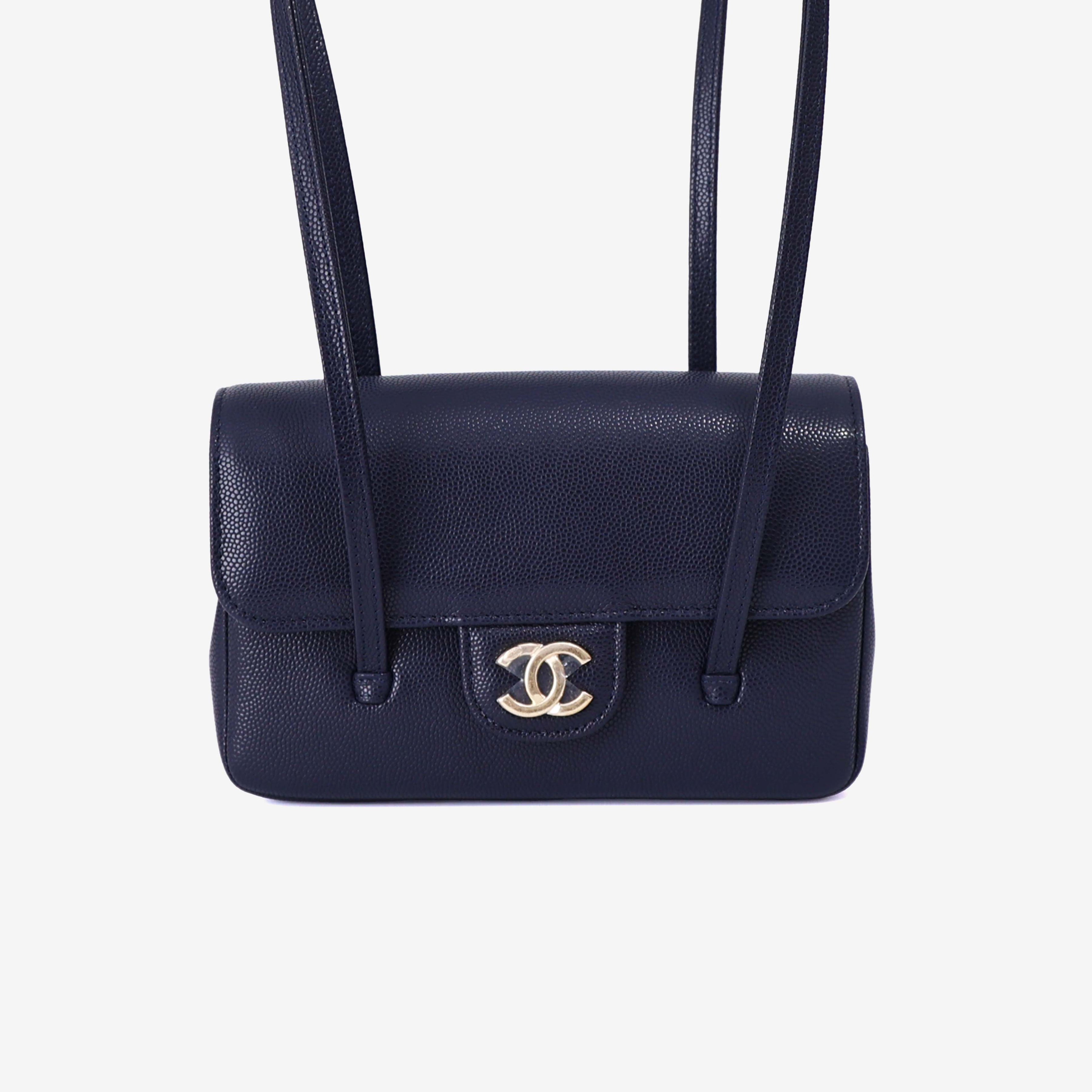 Chanel 26P Preppy Flap Mini in Navy Calfskin Leather with Gold Hardware front view