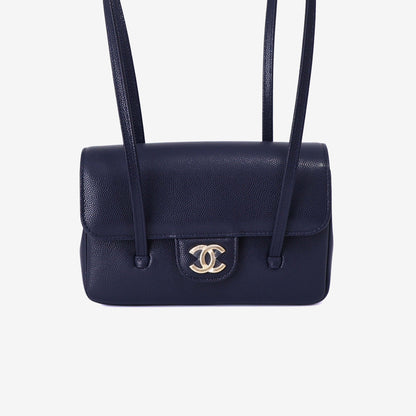 Chanel 26P Preppy Flap Mini in Navy Calfskin Leather with Gold Hardware front view